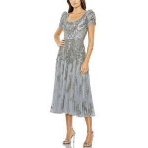 Mac Duggal $558 Sequins Embellished Tea Length Puff Sleeve Blue Dress Sz 6 NEW